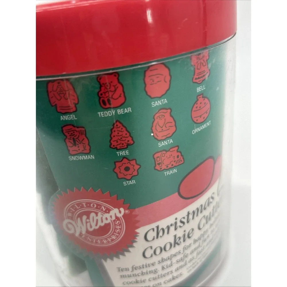 Vintage 1989 Wilton 10 Christmas Cookie Cutters In Original Plastic Bin